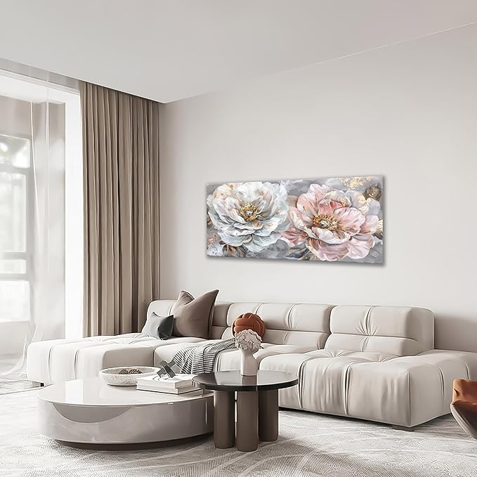 Extra Large Flower Wall Art Pink and White Floral Canvas Living Room Golden Pictures Framed Prints Oversize Wall Decor Big Painting Artwork for Bedroom Dining Office Home 60"x30"-PawvioPets