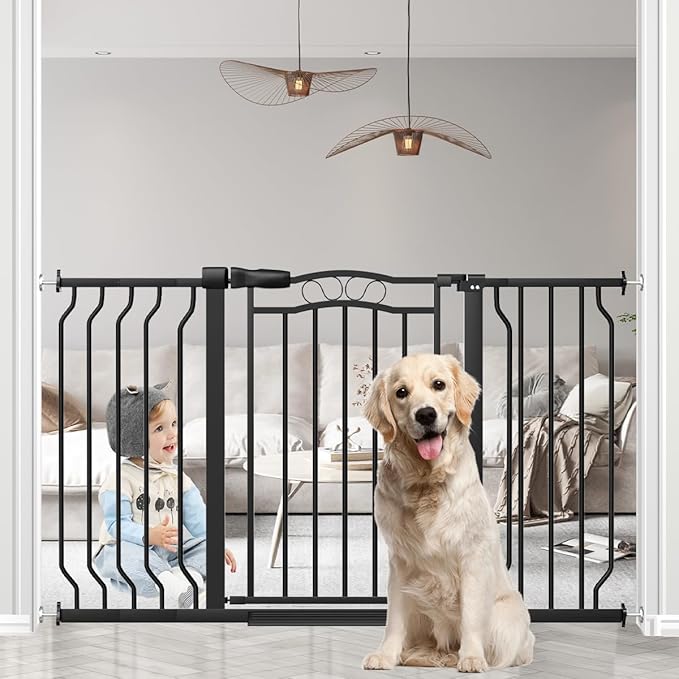 29.5-53.1" Extra Wide Baby Gate for Stairs No Drilling, 30" Tall Auto Close Press Mounted Baby Gate for Doorways, Adjustable Width Walk Through Dog Gates for Doorways, Black-PawvioPets