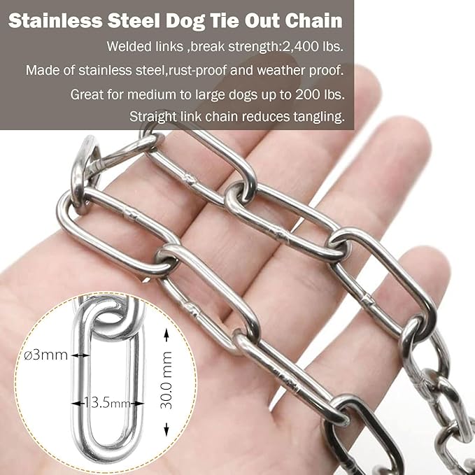 15 ft Dog Chains for Outside - Heavy Duty Tie Out Chain Leash Great for Small to Large Dogs Up to 200Lbs - Chew Proof Long Chain for Yard Camping or Travel (15ft Without Spring)-PawvioPets