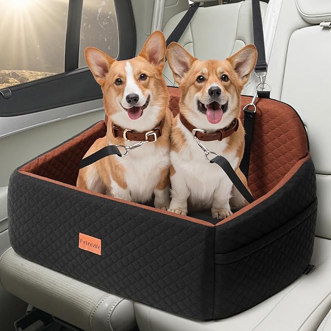 Dog Car Seat for Large Medium Dogs, Pet Car Seat Under 55 lbs or 2 Puppies, Removable Washable Pets Travel Booster Bed for Automotive Backseat with Comfy Thick Cushion, 2 Safety Leashes(Black/Brown)-PawvioPets