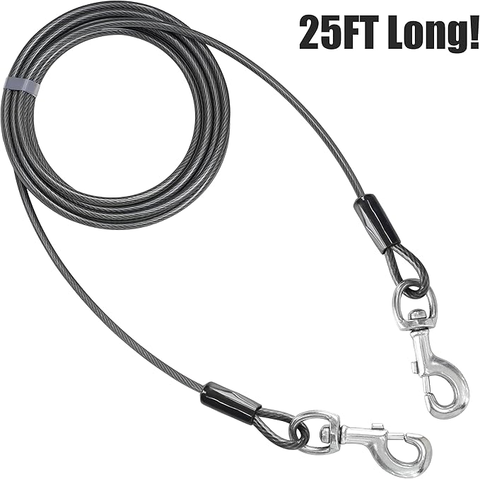 BV Dog Tie Out Cable 25 Feet - Heavy Duty Dog Lead Up to 250 Pounds - Reflective & Rust-Free with Quick Release Swivel Clips & 360° Rotating Clasp - Tangle-Free Dogs Runner for Yard (Grey, Single)-PawvioPets