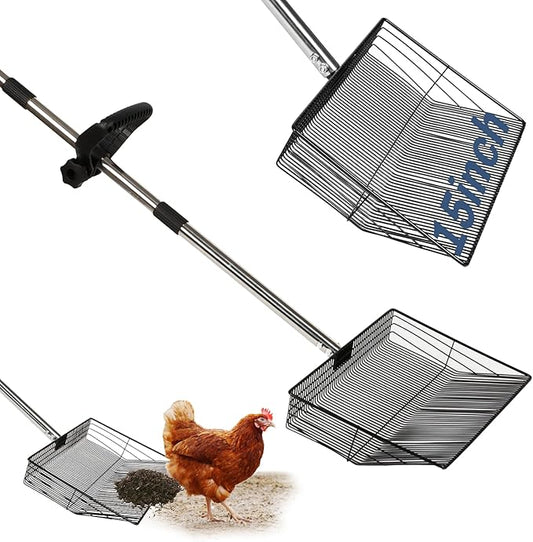 15" Extra-Wide Chicken Poop Scooper – Ergonomic Adjustable Handle (24-70in), Stainless Steel Sifting Shovel Deep Litter Cleaning for Chicken Coops, Goat - Chicken Coop Scoop for Sand, Straw, Hemp-PawvioPets
