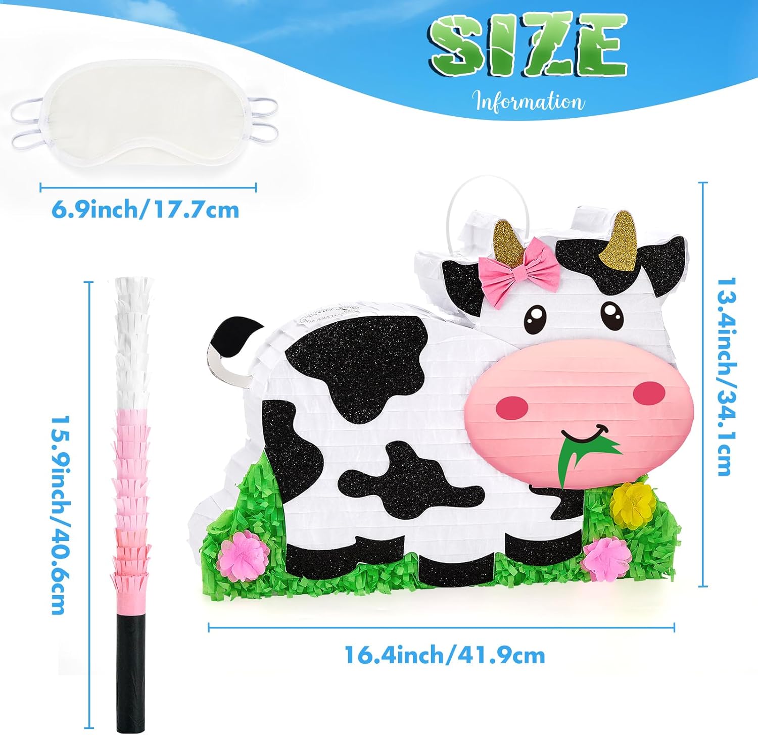 WERNNSAI Dairy Cow Piñata - Farm Animal Party Game Cow Pinata for Girls Birthday Party Decorations Kids Happy Party Favor Supplies with Bat Blindfold, Farm Theme Candy Toys Filler