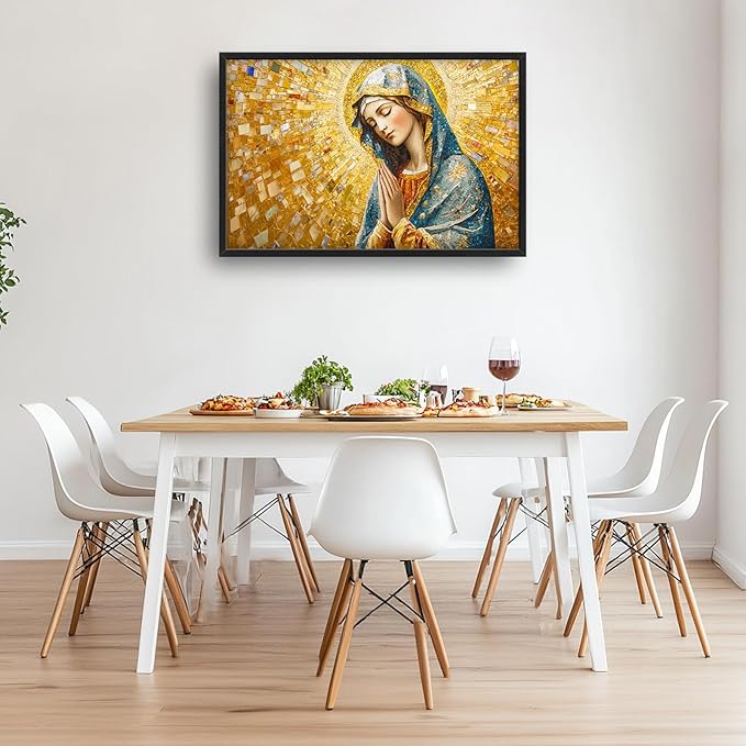 Extra Large Virgin Mary Framed Wall Art for Living Room,Oversized Golden Christian Religious Pictures Wall Decor,Canvas Print Painting Modern Artwork Bedroom Office Bathroom 36L" x 24W"-PawvioPets