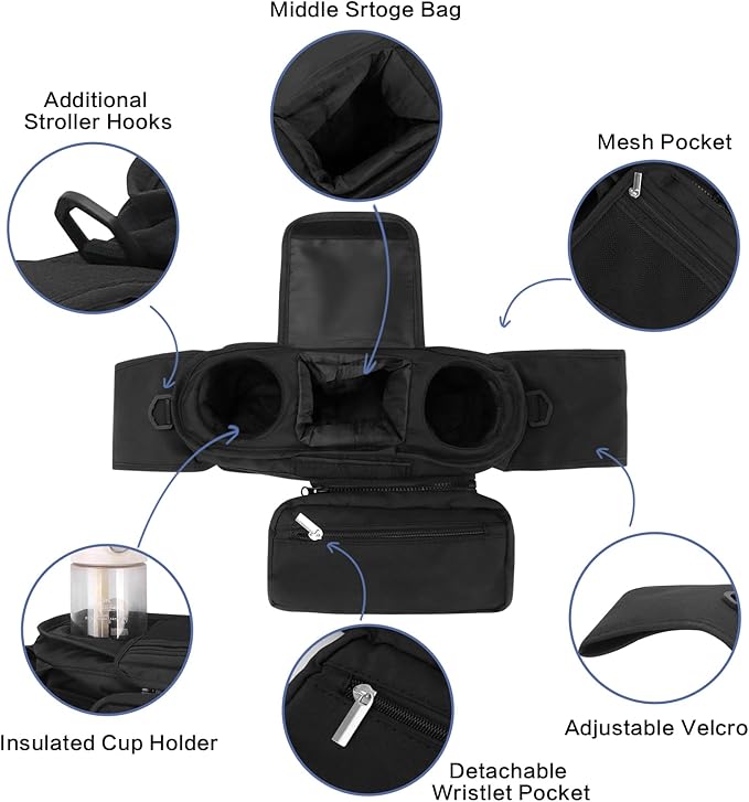 Dog Stroller Bag with Shoulder Strap, Universal Dog Stroller Caddy Organizer with Poop Bag Dispenser, Water Bowl, Insulated Cup Holders and Treat Pocket-PawvioPets