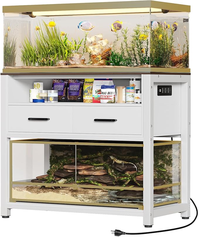 40-50 Gallon Fish Tank Stand with Power Outlet & 2 Storage Drawers, Heavy Duty Metal Frame Aquarium Stand with Waterproof Mat, 36.6" L*19.1" W Tabletop, 800LBS Capacity, White+Brown-PawvioPets
