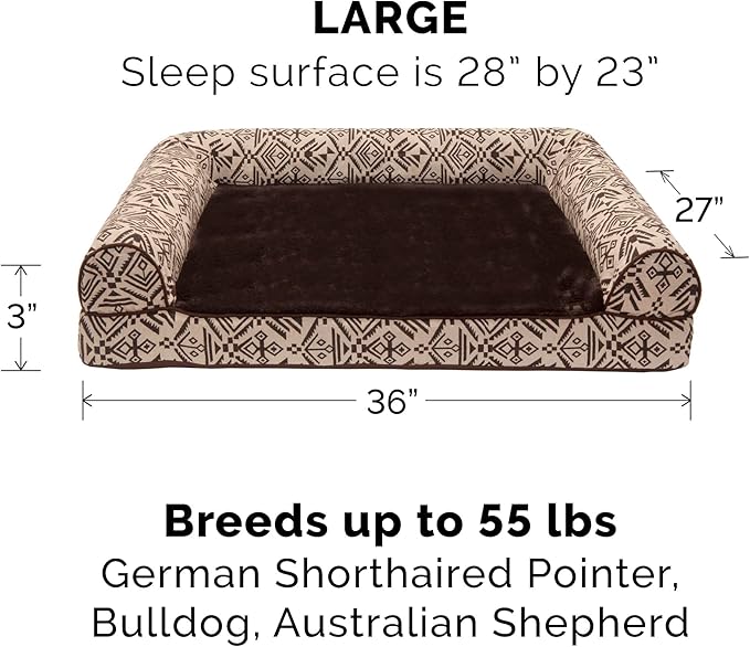 Furhaven Orthopedic Dog Bed for Large/Medium Dogs w/ Removable Bolsters & Washable Cover, For Dogs Up to 55 lbs - Plush & Southwest Kilim Woven Decor Sofa - Desert Brown, Large-PawvioPets
