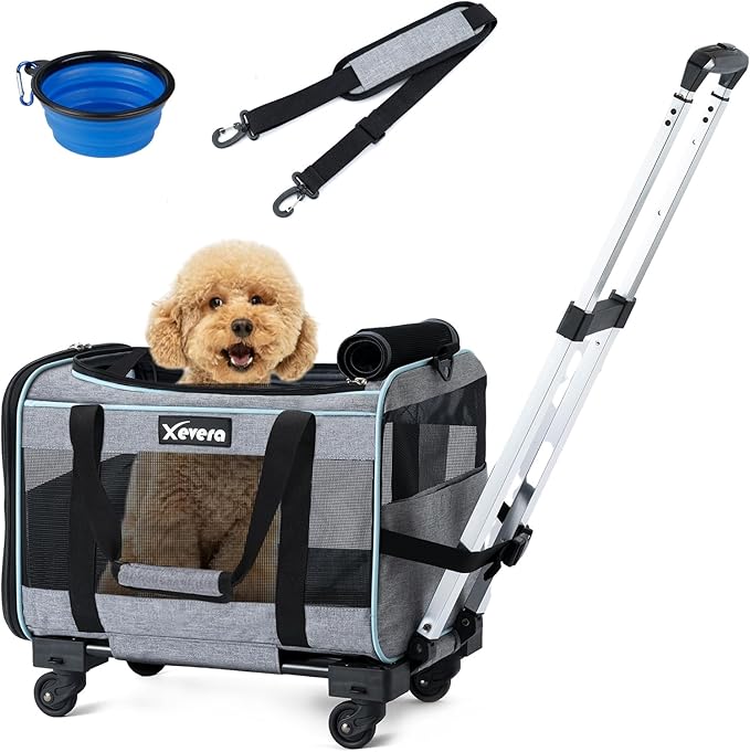 Dog Cat Carrier with Wheels, Airline Approved Pet Carrier for Cats Dogs 15lbs 20 lbs with Double-Sided Mat, Safety Leash and Shoulder Strap, Grey-PawvioPets