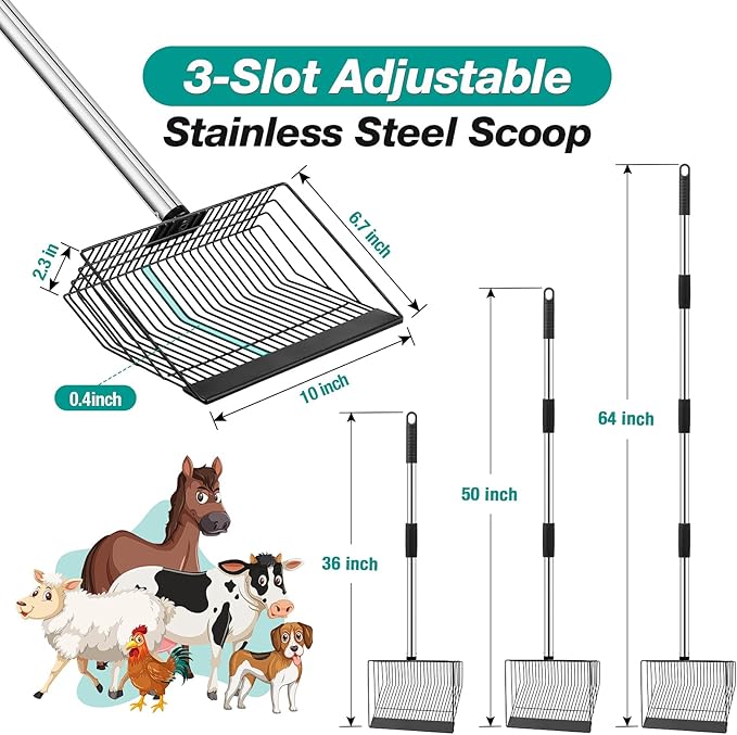 Adjustable Chicken Poop Scooper, Heavy Duty Stainless Steel Chicken Rake with 3-Slot Pole, Multi-Use Pet Waste Shovel & Hay Scooper - 36"/50"/64" Length-PawvioPets