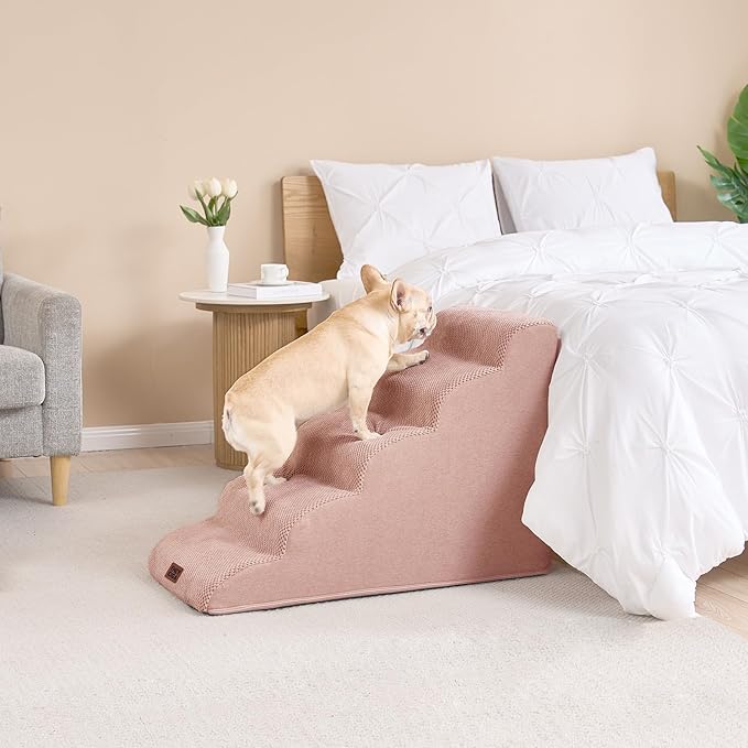 EHEYCIGA Curved Dog Stairs Ramp for High Beds 22.6" H, 5-Step Dog Steps for Small Dogs and Cats, Pet Stairs for High Bed Climbing, Non-Slip Balanced Pet Step Indoor, Dusty Pink-PawvioPets