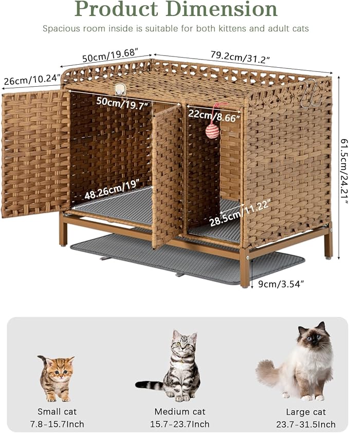 Cat Litter Box Enclosure Furniture with Divider, Handwoven Rattan Litter Box with Mat, 31.2 x 19.6 x 24.2 Inches, Metal Heightened Feet, Hidden Cat House for Living Room, Bedroom (Natural)-PawvioPets