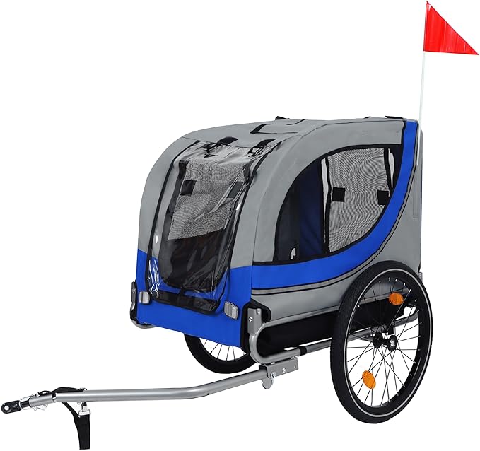 Blue-Grey Large Folding Bike Trailer for Dogs – Heavy-Duty Steel Frame, 66LB Capacity Pet Carrier for All-Terrain Cycling, Jogging & Camping Adventures!-PawvioPets