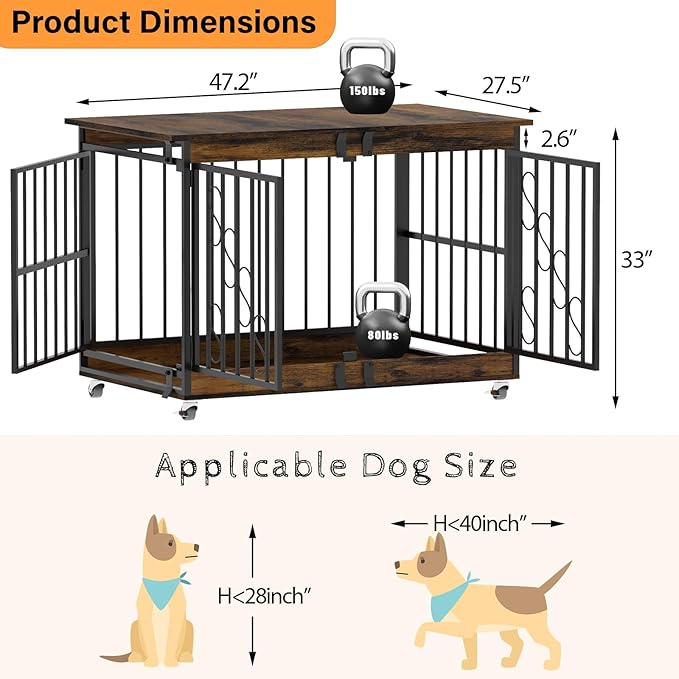 COZPAW Dog Crate Furniture, 48 Inch Dog Crates for Medium/Large Breed, Farmhouse Wood Metal Kennel Indoor Heavy Duty Pet Cage with Caster Wheels (Brown)-PawvioPets