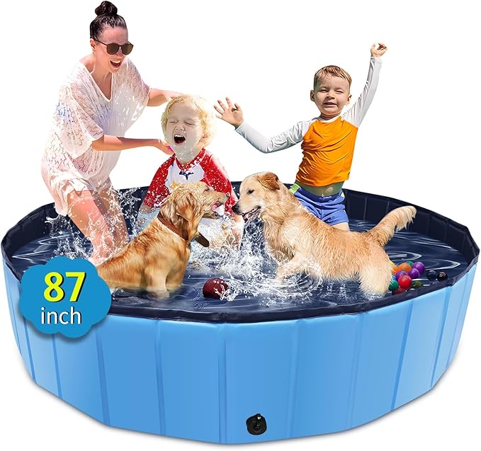 Foldable Dog Pool, 87" x 14" Large Kiddie Pool with Hard Plastic, Non-Slip Dog Bath Tub for Outdoor Backyard, Collapsible Dog Swimming Pool for Kids Dogs Pets (Blue)-PawvioPets