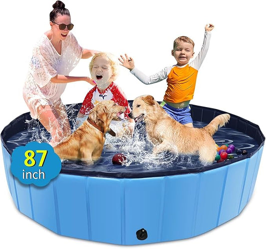 Foldable Dog Pool, 87" x 14" Large Kiddie Pool with Hard Plastic, Non-Slip Dog Bath Tub for Outdoor Backyard, Collapsible Dog Swimming Pool for Kids Dogs Pets (Blue)-PawvioPets