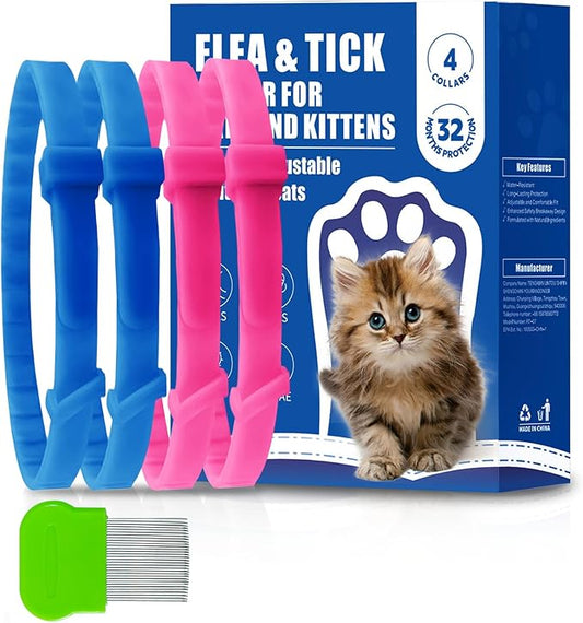 4 Pack Flea and Tick Collar for Cats, Natural Plant Oil Formula Cat Flea Collar Provides 32-Month Protection for Flea & Tick Prevention, Waterproof & Adjustable Cat Flea Treatment for Most Cats-PawvioPets