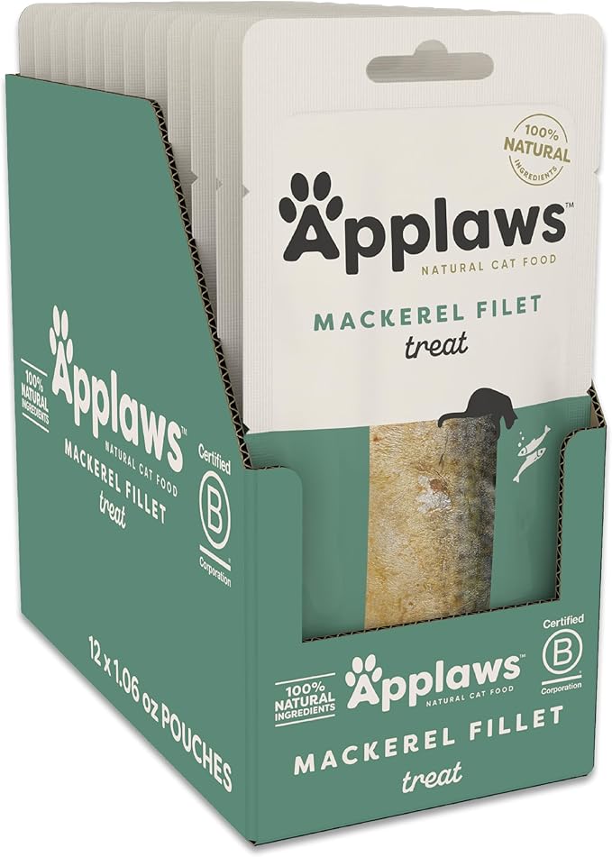Applaws Natural Cat Treats, Grain-Free, High-Protein Whole Mackerel Loins, Single-Ingredient Healthy Snack for Cats (12 x 1.06 oz Loins)-PawvioPets