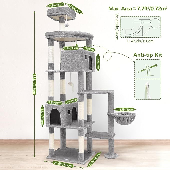 Globlazer Giant Cat Tree, 83 inch Cat Tree for Indoor Cats Large Adult, XXL Cat Tower with 9 Scratching Posts for 20lb+ Heavy Duty Large Adult Cats, F83, Light Grey-PawvioPets