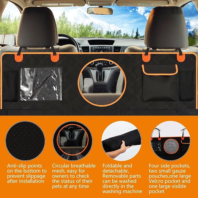 Dog Car Seat Cover for Back Seat, Hard Bottom Back Seat Extender for Dogs, Holds 420lbs, Waterproof Pet Hammock Protector, Thick and Durable Dog Seat Cover for Truck, Car, SUV-Black-PawvioPets