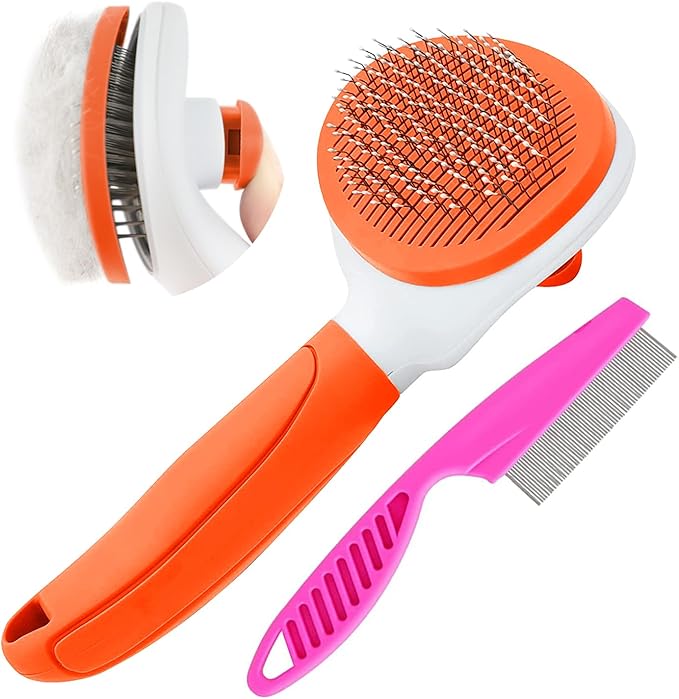 Cat Brushes for Indoor Cats, Dog Brush for Shedding with Metal Cat Comb, Self Cleaning Pet Hair Brush with Release Button for Grooming Kitten(Orange)-PawvioPets