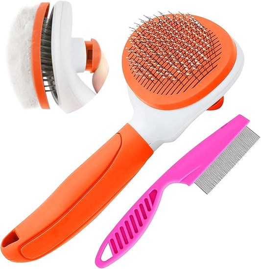 Cat Brushes for Indoor Cats, Dog Brush for Shedding with Metal Cat Comb, Self Cleaning Pet Hair Brush with Release Button for Grooming Kitten(Orange)-PawvioPets