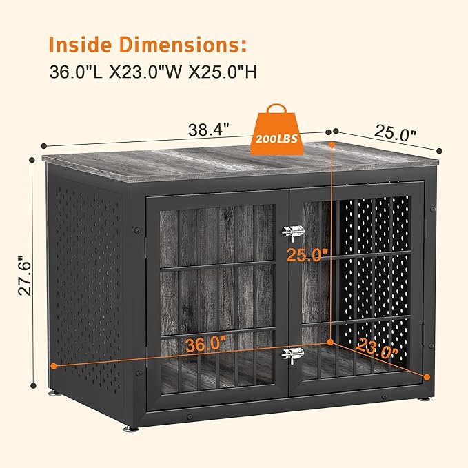 38" Heavy Duty Dog Crate Furniture for Large and Medium Dogs,Wooden Metal Kennel for High Anxiety Dogs, Chew Proof Pet Cage Indoor, Decorative Dog Kennel End Table-PawvioPets
