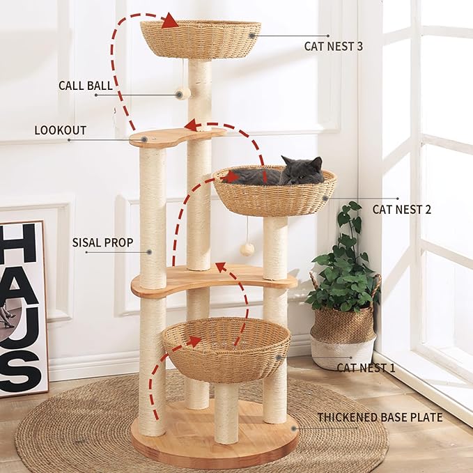 54" Modern Cat Tree Tower for Indoor Cats, Oak Cat Scratching Tree for Multiple Large Cats, Manual Hand Woven Luxury Cat Condo, Unique High-end Design Cat Furniture Activity Centre, Easy Clean-PawvioPets