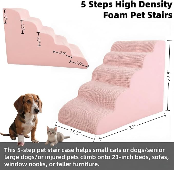 5 Step Pet Stairs Ramp for High Beds Sofas 5-30 Inch with Sturdy Non Slip Waterproof Pads, Machine Washable Cover Indoor Balanced Design for Cats Dogs Small Medium Large XL Pets Grey (Pink, Large, 1)-PawvioPets