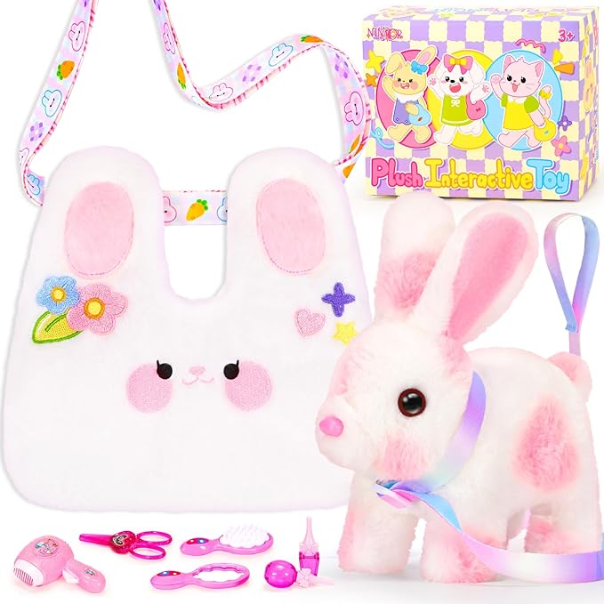 Easter Bunny Toys for Kids with Crossbody Bags, Easter Basket Stuffers Interactive Hopping Wiggle Ears Rabbit Toy, Pretend Play Robot Pet Care Cute Stuff for Girls Trip Plushies Birthday Gifts-PawvioPets