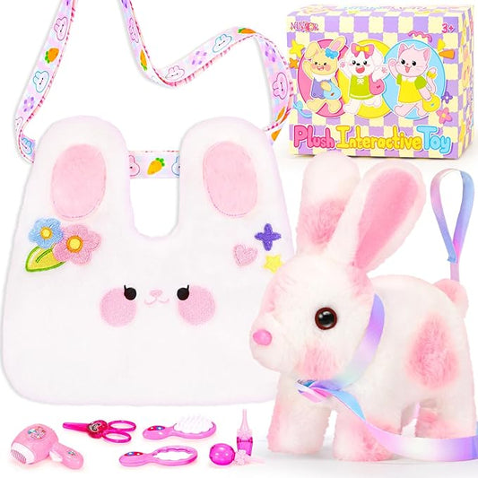 Easter Bunny Toys for Kids with Crossbody Bags, Easter Basket Stuffers Interactive Hopping Wiggle Ears Rabbit Toy, Pretend Play Robot Pet Care Cute Stuff for Girls Trip Plushies Birthday Gifts-PawvioPets