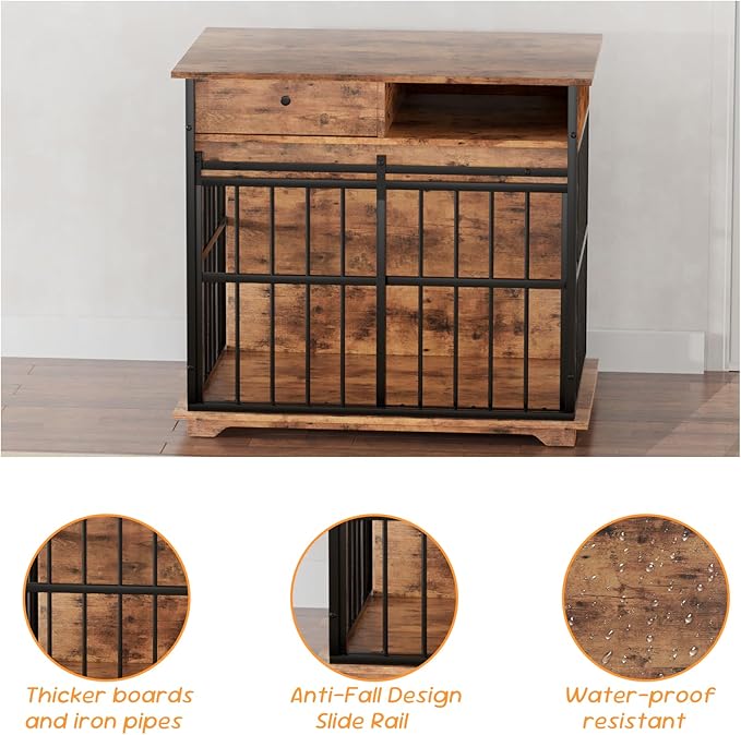 35.5" Dog Crate Furniture, Wooden Dog Crate Furniture for Medium Small Dogs, Wooden Dog Kennel End Table with Drawer and Open Shelves, Sliding Door Dog Kennel Furniture-PawvioPets
