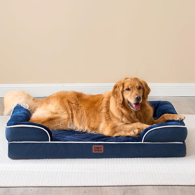 EHEYCIGA Orthopedic Dog Beds for Extra Large Dogs, Waterproof Memory Foam XXL Dog Bed with Sides, Non-Slip Bottom and Egg-Crate Foam Big Pet Couch Bed with Washable Removable Cover, Navy-PawvioPets