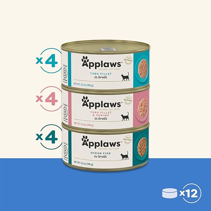 Applaws Natural Wet Cat Food in Broth, Made with Limited and Natural Ingredients, Fish Selection Variety Pack in Broth (12 x 5.5oz Cans)-PawvioPets