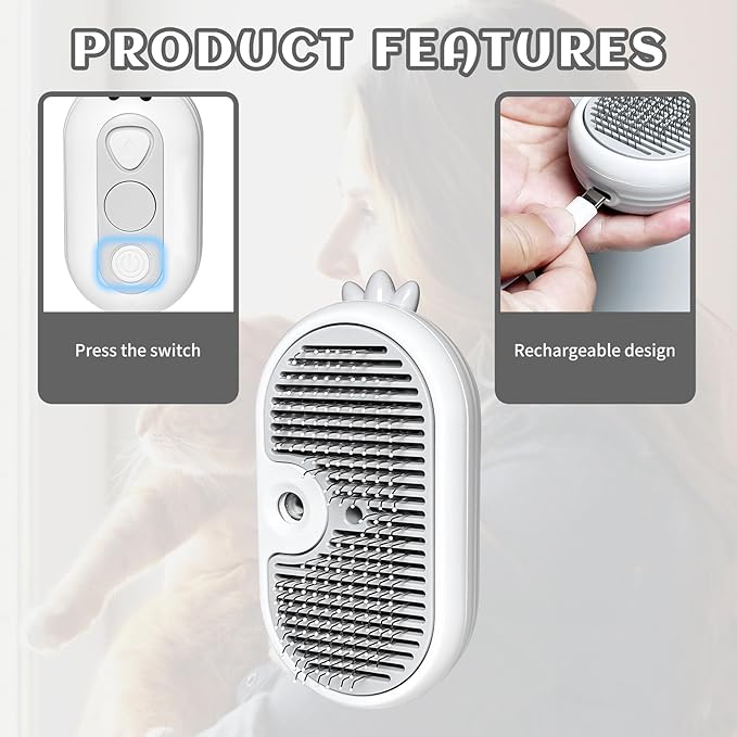 3-in-1 Rechargeable Steam Brush for Cats & Dogs - Anti-Static Spray Pet Grooming Brush with Warm Mist Massage, Hair Shedding Control, Detangling Comb & Cleaning Tool for Effective Deshedding-PawvioPets