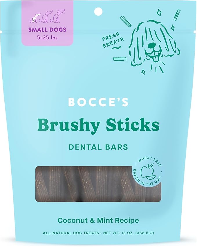 Bocce’s Bakery Dailies Brushy Sticks to Support Oral Health & Fresh Breath, Wheat-Free Dental Bars for Dogs, Made with Real Ingredients, Baked in the USA, All-Natural Coconut & Mint Recipe, Small Dogs-PawvioPets