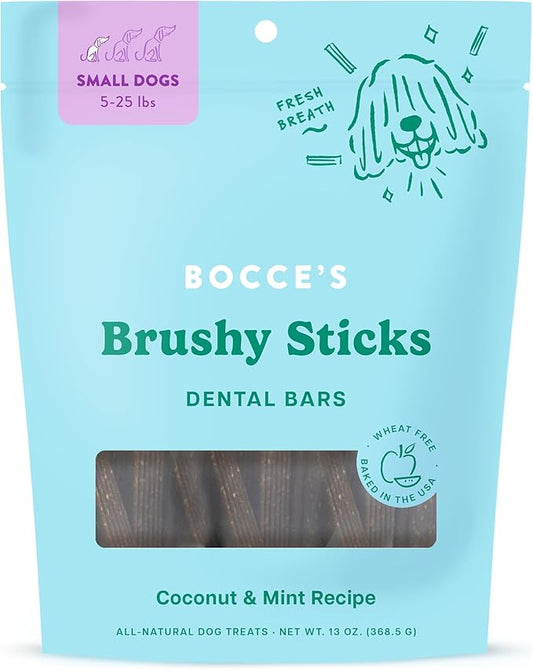 Bocce’s Bakery Dailies Brushy Sticks to Support Oral Health & Fresh Breath, Wheat-Free Dental Bars for Dogs, Made with Real Ingredients, Baked in the USA, All-Natural Coconut & Mint Recipe, Small Dogs-PawvioPets