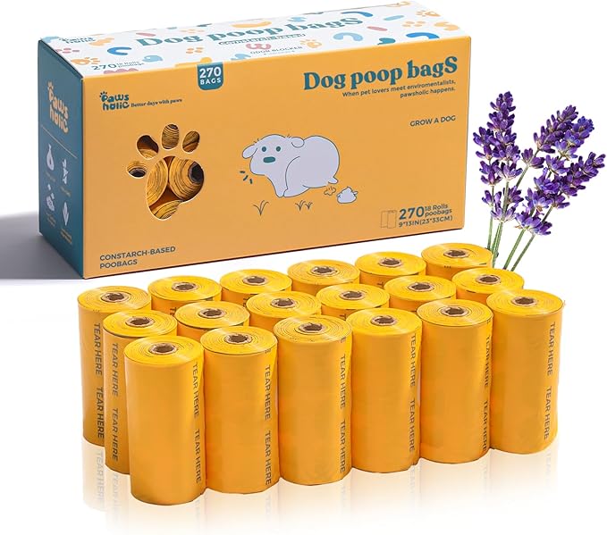 Dog Poop Bags Rolls Biodegradable 100% Leak Proof Dog Waste Bags -270 Count 18 Rolls - Cornstarch Based Doggie Poop Bag for puppy and Big Dogs(Lavender)-PawvioPets