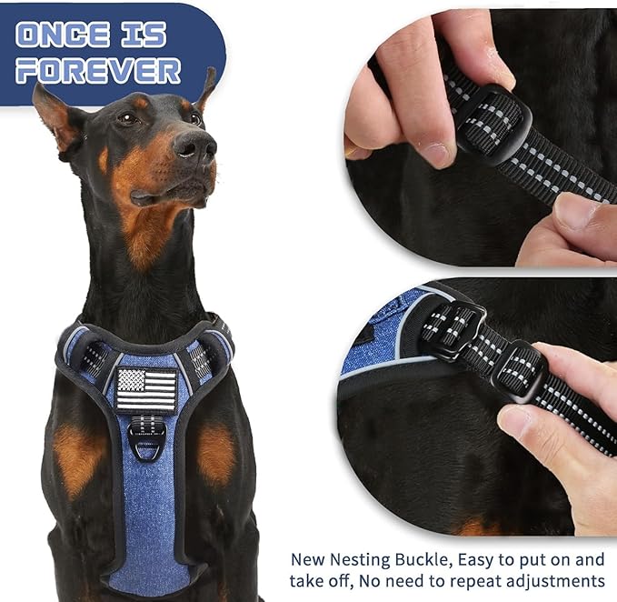 BUMBIN Tactical Dog Harness for Small Dogs No Pull, Famous TIK Tok No Pull Puppy Harness, Fit Smart Reflective Pet Walking Harness for Training, Adjustable Dog Vest Harness with Handle Denim Blue XS-PawvioPets