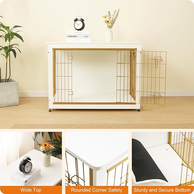 DWANTON Dog Crate Furniture with Cushion, Wooden Kennel Table with Double Doors, Indoor Dog House, Large Size, 38.5" L, White-PawvioPets