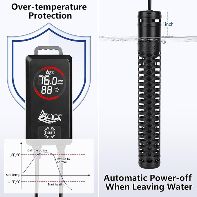 AQQA Aquarium Heater,Submersible Fish Tank Heater 59-93°F/15-34°C External Controller,Rapid Heating,Ultra-high Temperature Protection,Automatic Power-Off When Leaving Water (800W for 135-172 Gallon)-PawvioPets