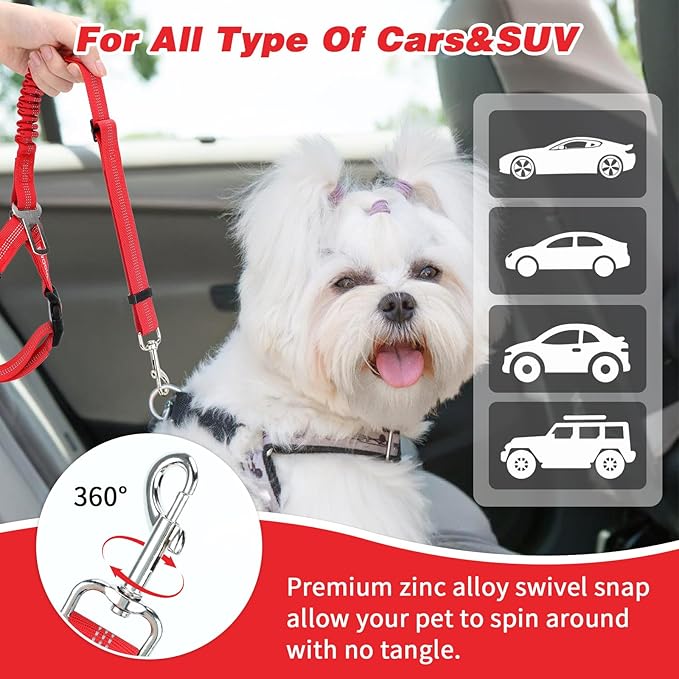 BWOGUE 2 Piece Dog Seat Belt for Car with Elastic Bungee Buffer Safety Seatbelt Car Headrest Restraint Wear Adjustable Metal Buckle Harness in Vehicle Travel for Pet-PawvioPets