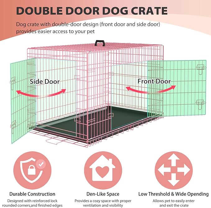 BestPet | Dog Crate | 24" | Pink | Foldable Metal Kennel with Double Doors, Secure Slide-Bolt Latches, Leakproof Tray | Portable Dog Cage for Small Breeds | for Travel, Indoor & Outdoor Use-PawvioPets