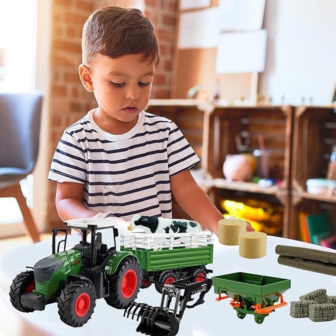 Farm Toys Tractor with Trailer-16.5 Inches Tractor Playset 1/24 Scale Gripper Frontloader Spreader for Boys Kids Toddlers Age 3-7 Years Old-PawvioPets