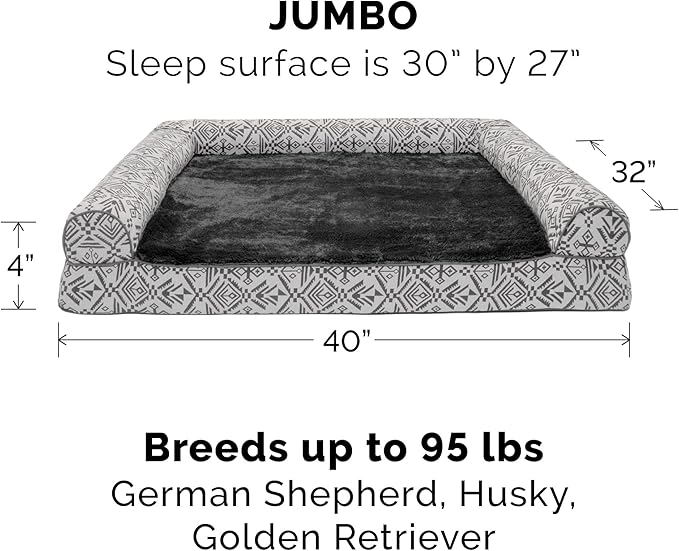 Furhaven Orthopedic Dog Bed for Large Dogs w/ Removable Bolsters & Washable Cover, For Dogs Up to 95 lbs - Plush & Southwest Kilim Woven Decor Sofa - Boulder Gray, Jumbo/XL-PawvioPets