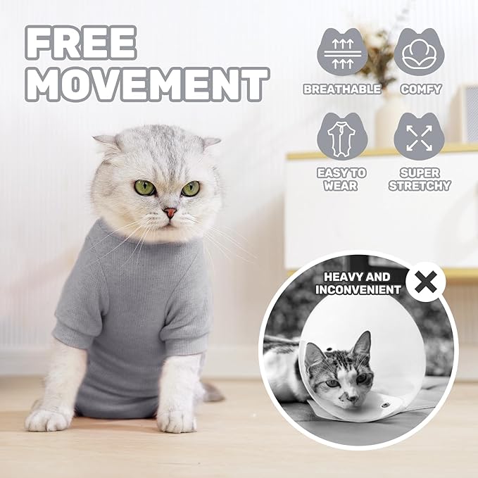 Breathable Cat Recovery Suit for Female/Male, Anti-Licking Kitten Onesie - Cat Surgery Pajamas with Sleeve After Spay, Prevent Shedding, Abdominal Wounds, Skin Diseases or E-Collar Alternative-PawvioPets