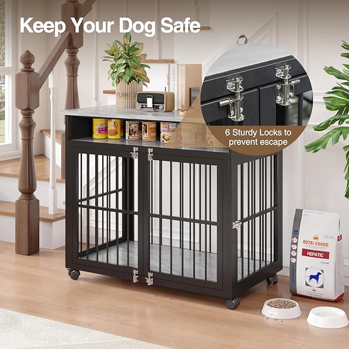 39.4" Dog Crate Furniture for Medium and Large Breed, Dog Kennel Furniture with Storage Shelf & Lockable Wheels, Heavy Duty Wooden End Side Table Pet Cage Indoor, Chew-Resistant, Grey-PawvioPets