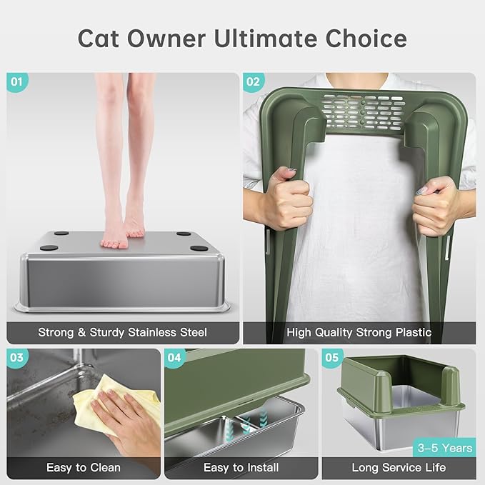 Enclosed Stainless Steel Cat Litter Box with Lid, XL Extra Large Litter Box for Big Cats, Metal Litter Pan High Sided, Never Absorbs Odors, Anti-Urine Leakage, Include Scoop (Green)-PawvioPets