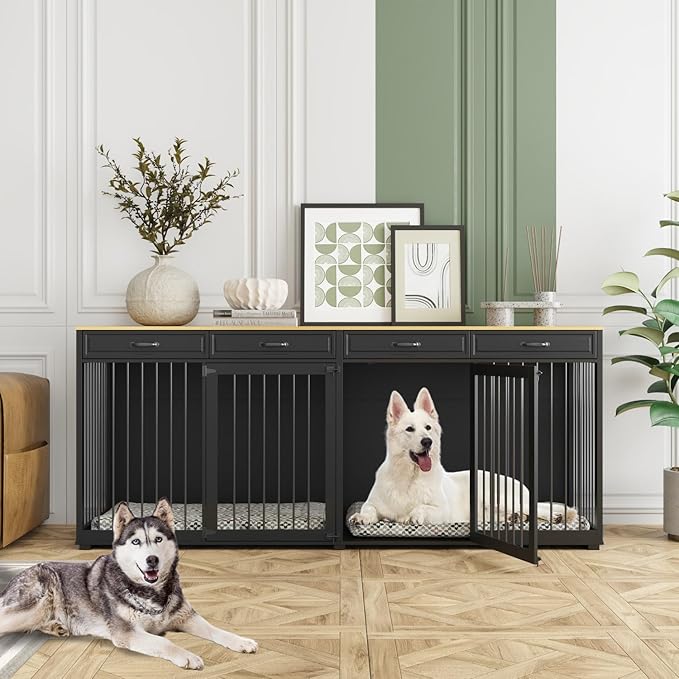 Extra Large Dog Crate with Double Rooms, 93" Heavy Duty Wooden Dog Cage Furniture Dog Crate Kennel w/Drawers & Removable Divider,Indoor Luxury Dog House for Large Dogs,Black-PawvioPets