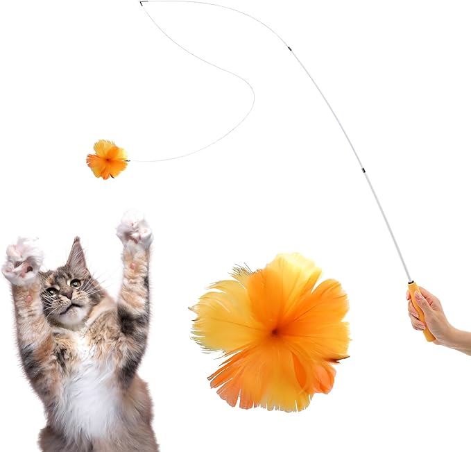 Cat Feather Wand Toy - 38" Retractable Cat Wand Toy with Orange Feather Flower Teaser Refill for Indoor Cats and Interactive Play-PawvioPets