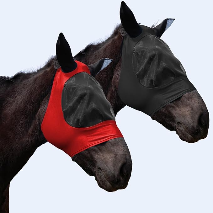 2 Piece Horse Fly Mask with Ears, Comfortable Fit Stretch Fabric Big Eye Space Soft Breathable with UV Protection for Full Horses (Red-Black)-PawvioPets